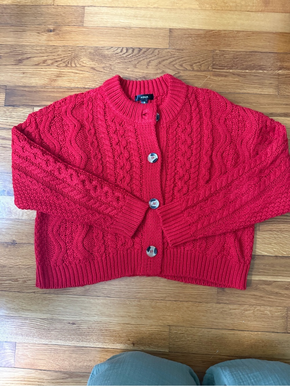 Aqua Bright Red Cable-Knit Button Cardigan